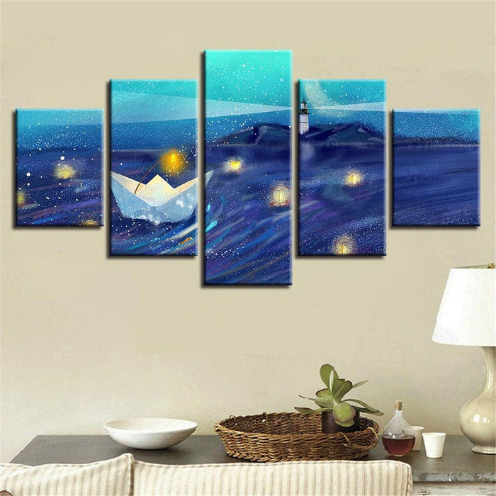 Paper Boat Drift 5 Piece HD Multi Panel Canvas Wall Art Frame - Original Frame