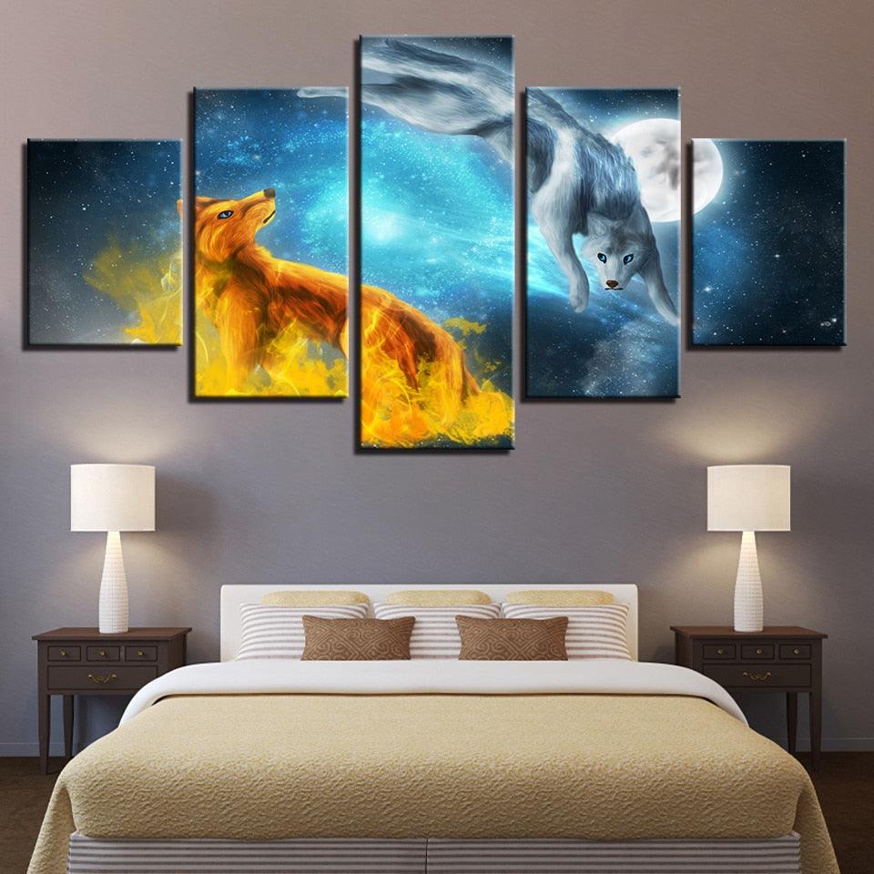 Snow Fox Moonlit Night 5 Piece HD Multi Panel Canvas Wall Art Frame - Original Frame