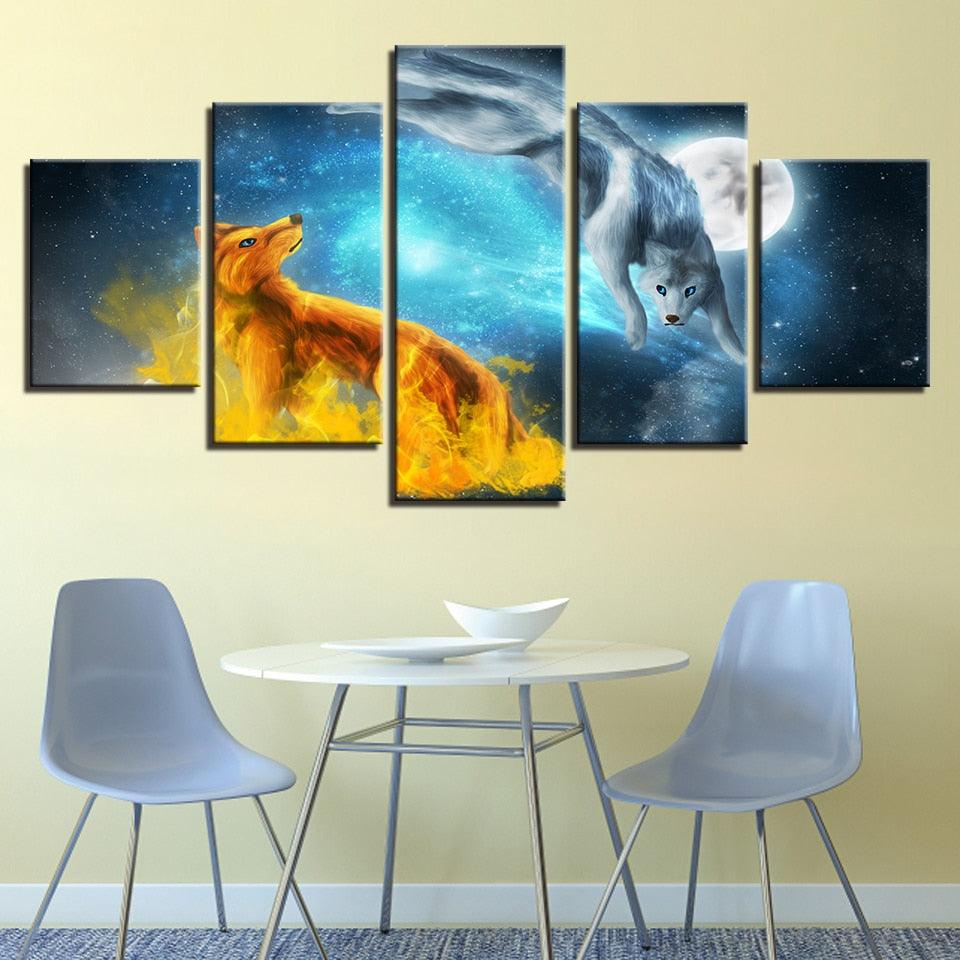 Snow Fox Moonlit Night 5 Piece HD Multi Panel Canvas Wall Art Frame - Original Frame