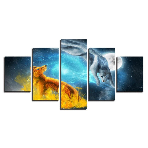 Snow Fox Moonlit Night 5 Piece HD Multi Panel Canvas Wall Art Frame - Original Frame