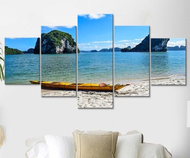 Canoe Seascape 5 Piece HD Multi Panel Canvas Wall Art Frame