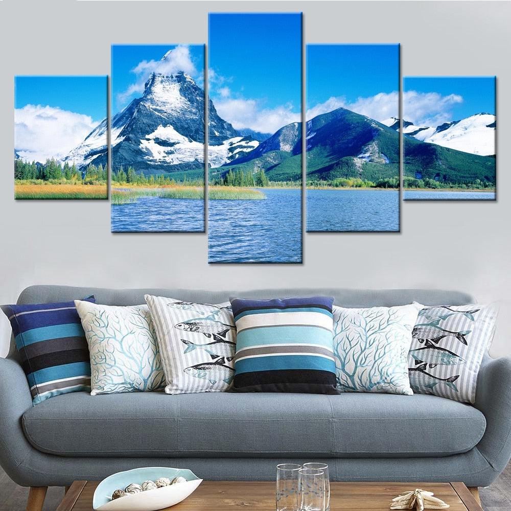 Beautiful Snow Mountain Lake 5 Piece HD Multi Panel Canvas Wall Art Frame - Original Frame