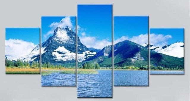 Beautiful Snow Mountain Lake 5 Piece HD Multi Panel Canvas Wall Art Frame