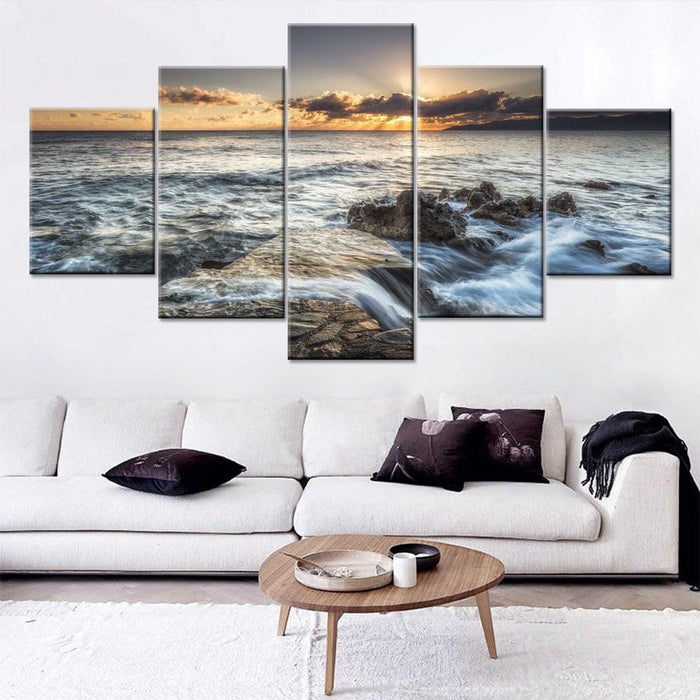 Sea Wave Reef 5 Piece HD Multi Panel Canvas Wall Art Frame - Original Frame