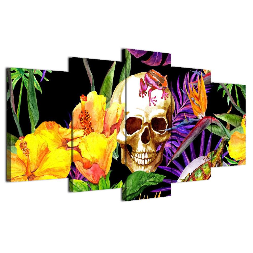 Skull And Flowers 5 Piece HD Multi Panel Canvas Wall Art Frame - Original Frame