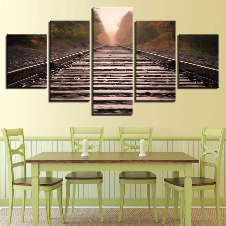 Autumn Train Track 5 Piece HD Multi Panel Canvas Wall Art Frame - Original Frame