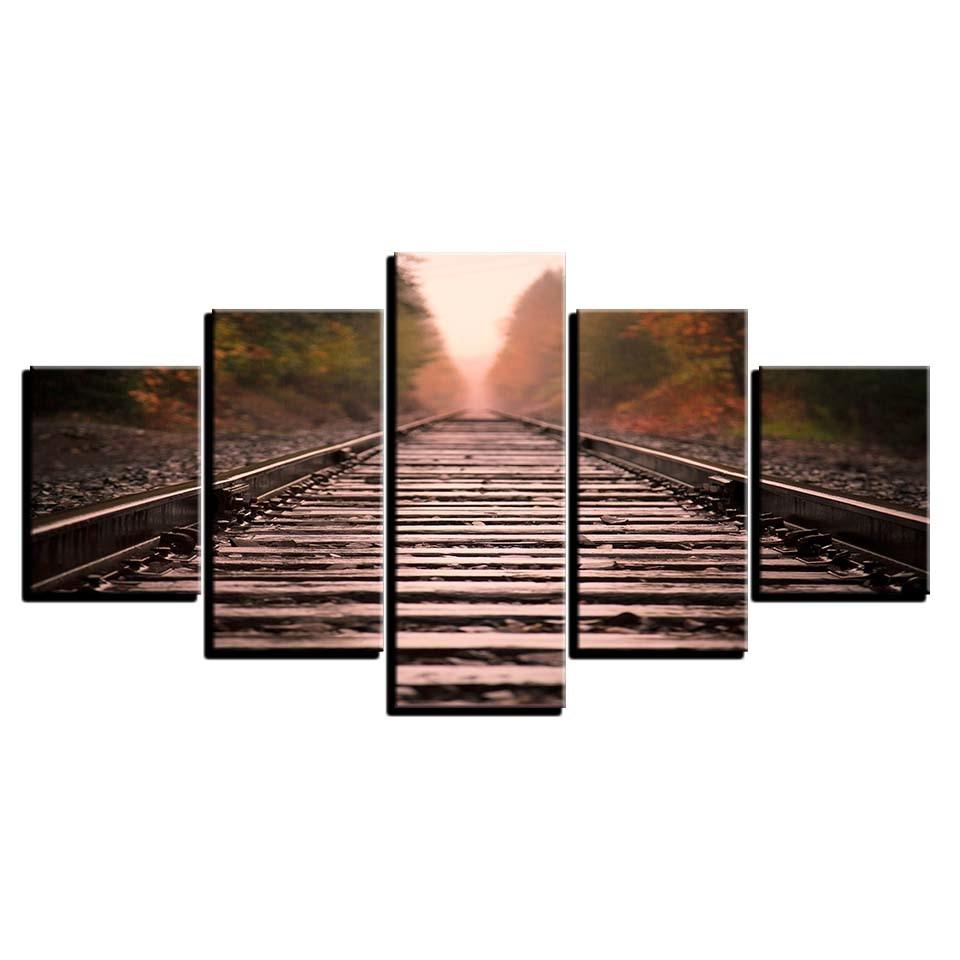 Autumn Train Track 5 Piece HD Multi Panel Canvas Wall Art Frame - Original Frame
