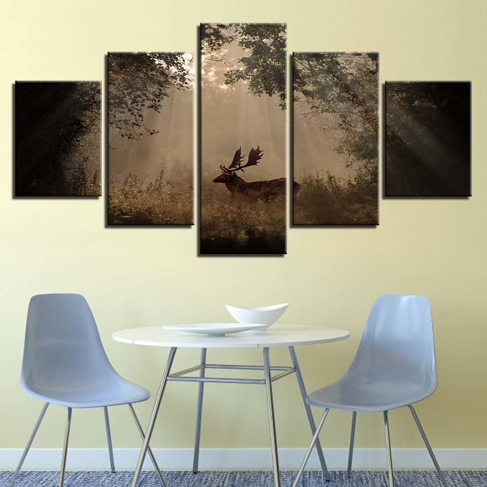 Forest Deer 5 Piece HD Multi Panel Canvas Wall Art Frame - Original Frame