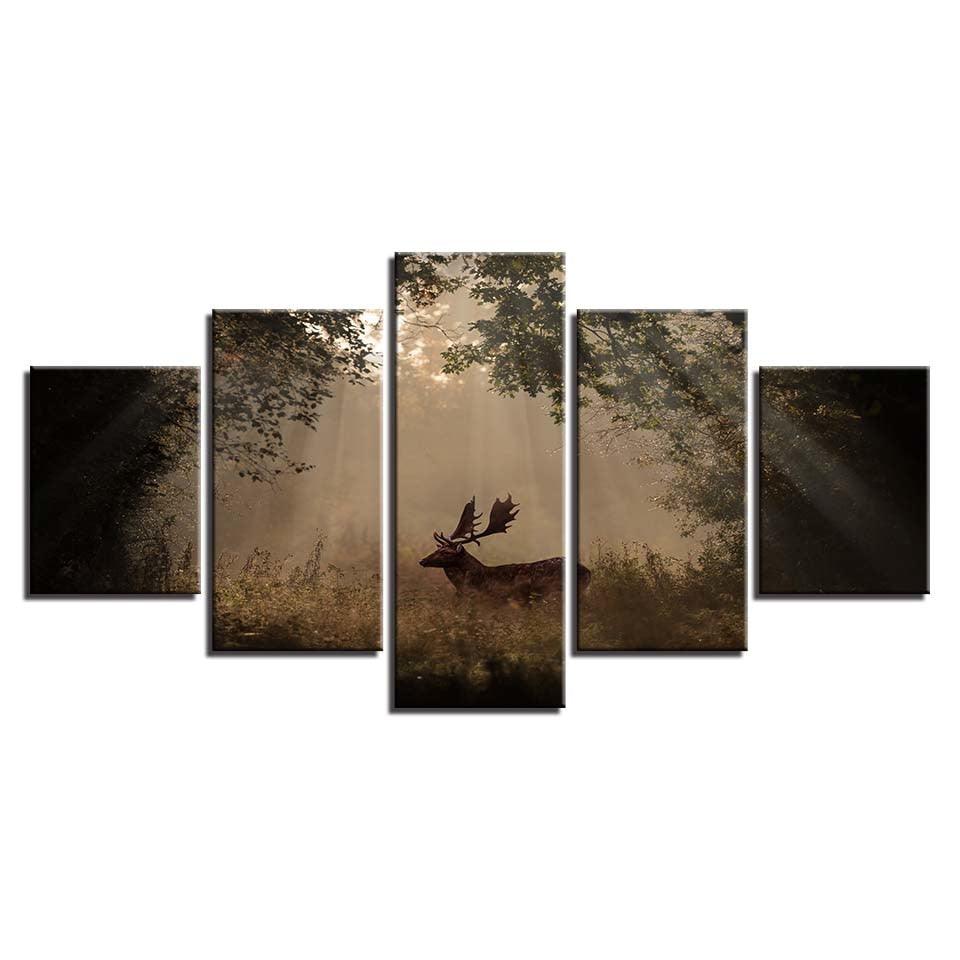 Forest Deer 5 Piece HD Multi Panel Canvas Wall Art Frame - Original Frame