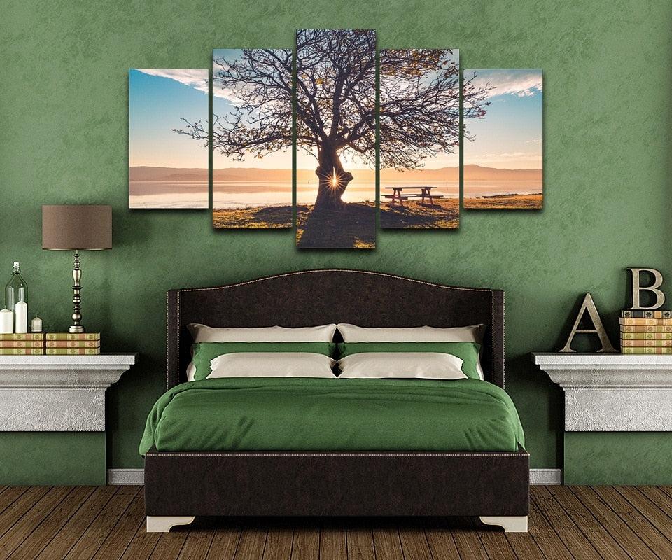 Blue Sky Tree Silhouette 5 Piece HD Multi Panel Canvas Wall Art Frame - Original Frame