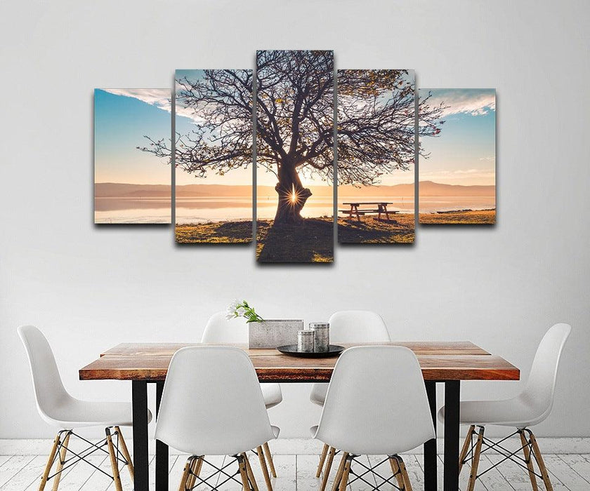 Blue Sky Tree Silhouette 5 Piece HD Multi Panel Canvas Wall Art Frame - Original Frame