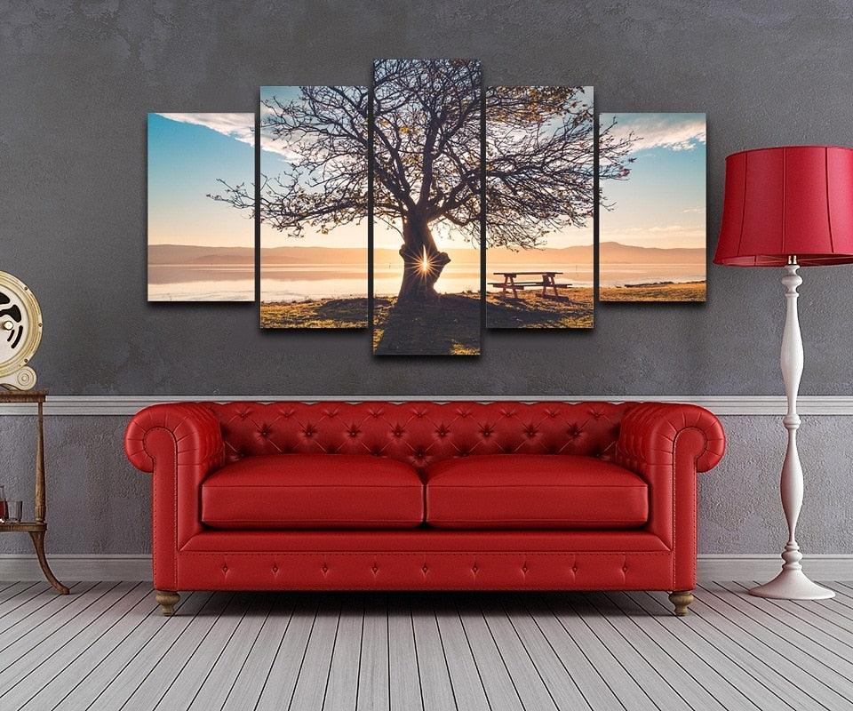 Blue Sky Tree Silhouette 5 Piece HD Multi Panel Canvas Wall Art Frame - Original Frame