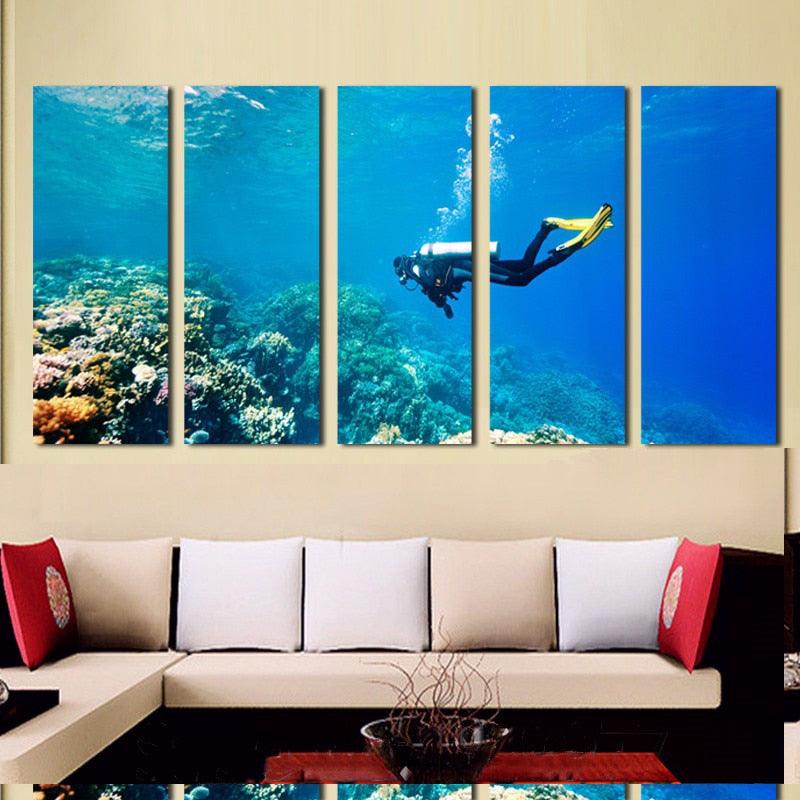 Deep Sea Diving 5 Piece HD Multi Panel Canvas Wall Art Frame - Original Frame