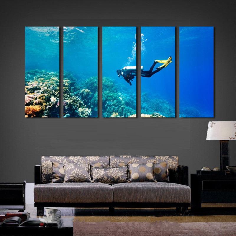 Deep Sea Diving 5 Piece HD Multi Panel Canvas Wall Art Frame - Original Frame