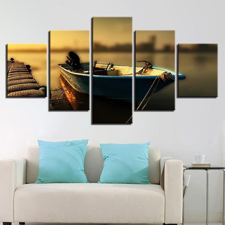 Boat at the Dock 5 Piece HD Multi Panel Canvas Wall Art Frame - Original Frame