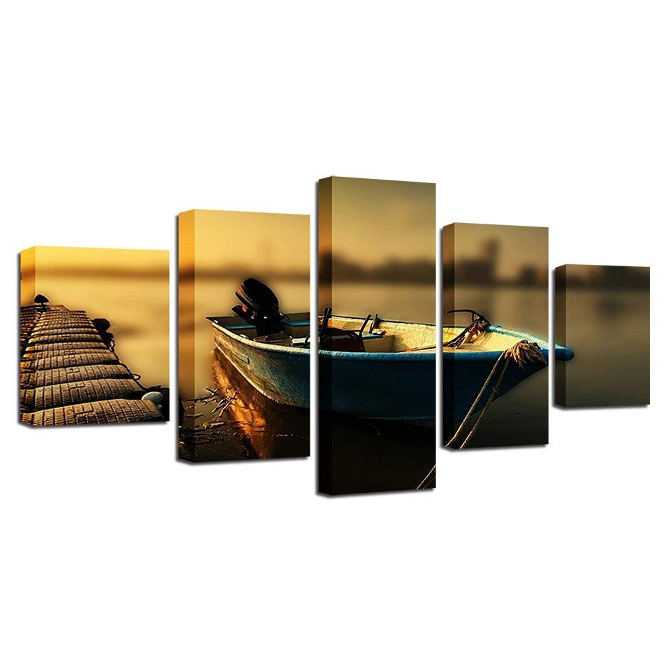 Boat at the Dock 5 Piece HD Multi Panel Canvas Wall Art Frame - Original Frame