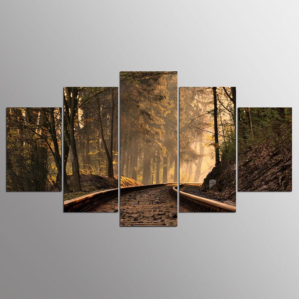 Train Track Forest Scenery 5 Piece HD Multi Panel Canvas Wall Art Frame - Original Frame