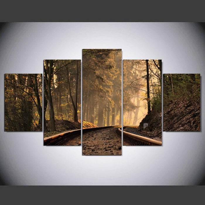 Train Track Forest Scenery 5 Piece HD Multi Panel Canvas Wall Art Frame - Original Frame