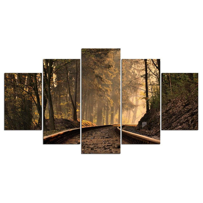 Train Track Forest Scenery 5 Piece HD Multi Panel Canvas Wall Art Frame - Original Frame