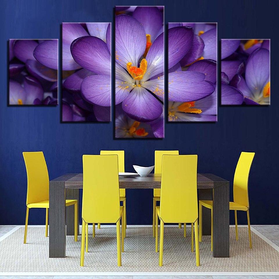 Purple Flowers 5 Piece HD Multi Panel Canvas Wall Art - Original Frame