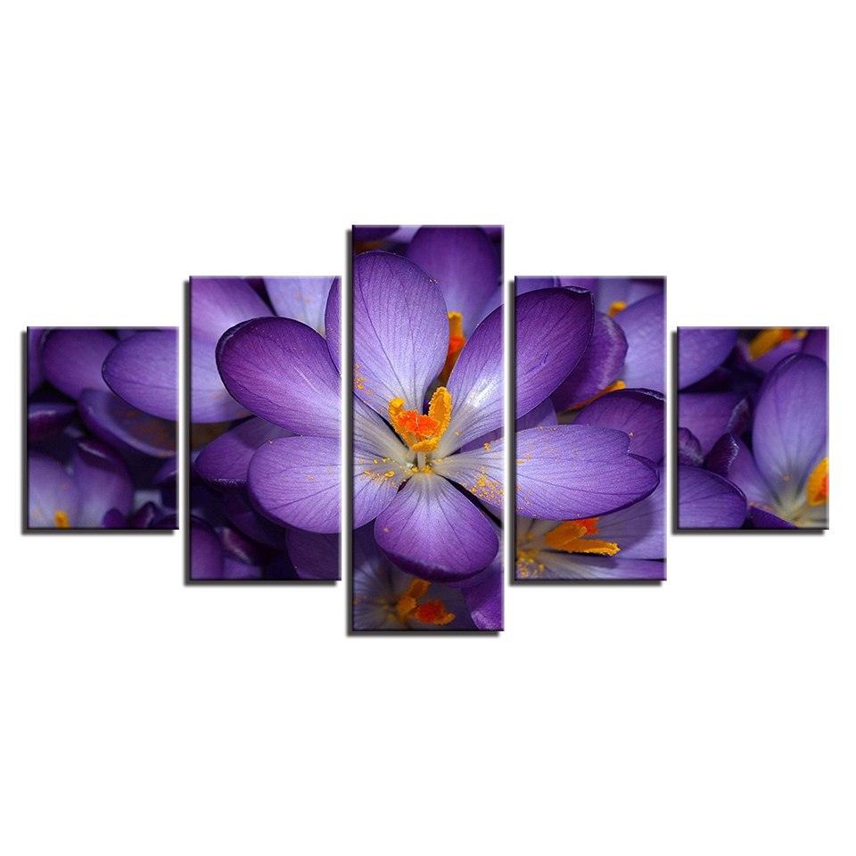 Purple Flowers 5 Piece HD Multi Panel Canvas Wall Art - Original Frame