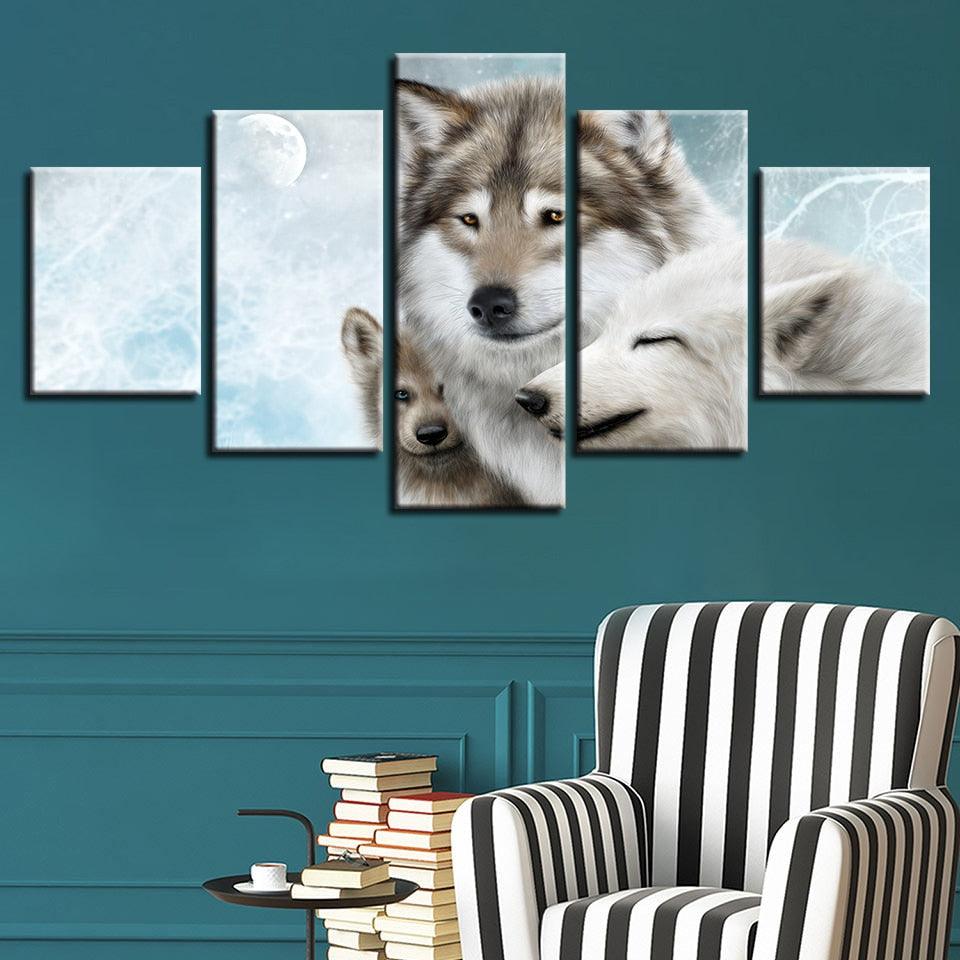 Wolf Family 5 Piece HD Multi Panel Canvas Wall Art Frame - Original Frame