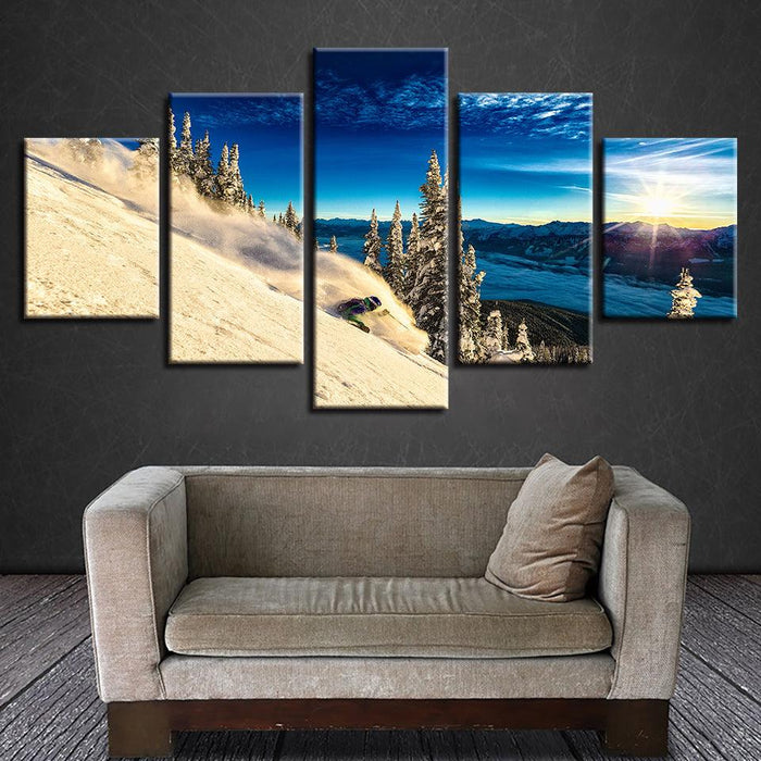 Snow Mountain Skiing 5 Piece HD Multi Panel Canvas Wall Art Frame - Original Frame