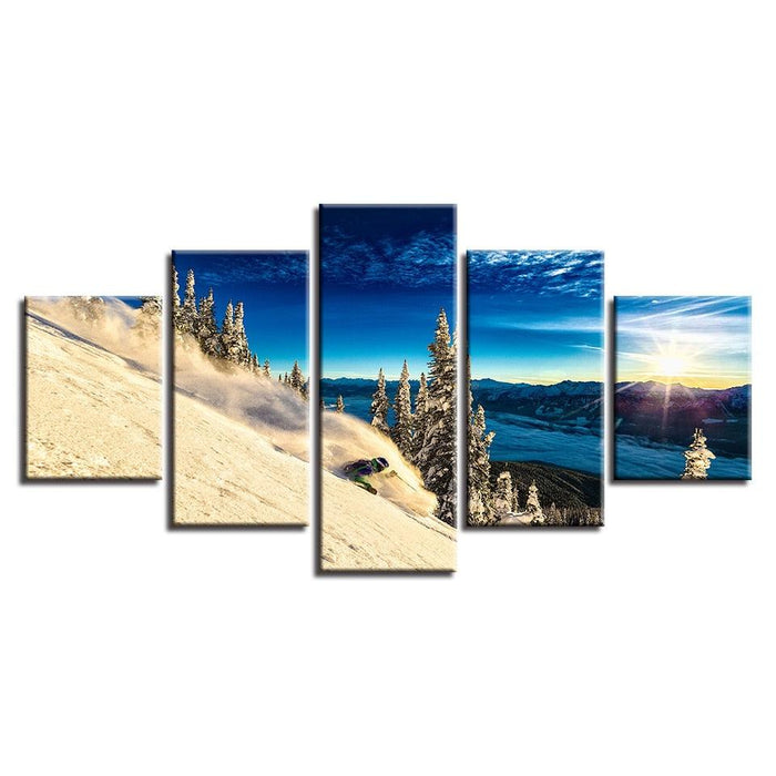 Snow Mountain Skiing 5 Piece HD Multi Panel Canvas Wall Art Frame - Original Frame