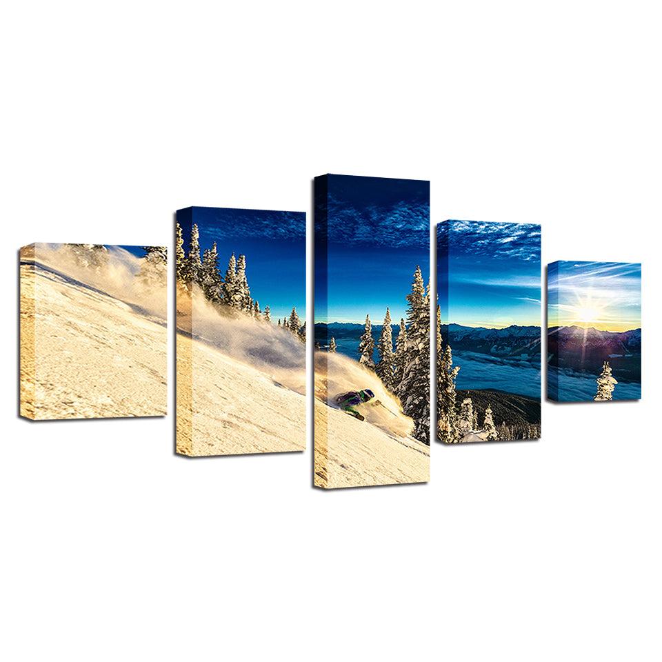 Snow Mountain Skiing 5 Piece HD Multi Panel Canvas Wall Art Frame - Original Frame