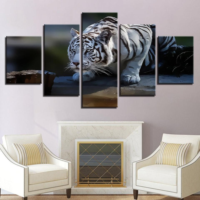 White Tiger 5 Piece HD Multi Panel Canvas Wall Art Frame - Original Frame