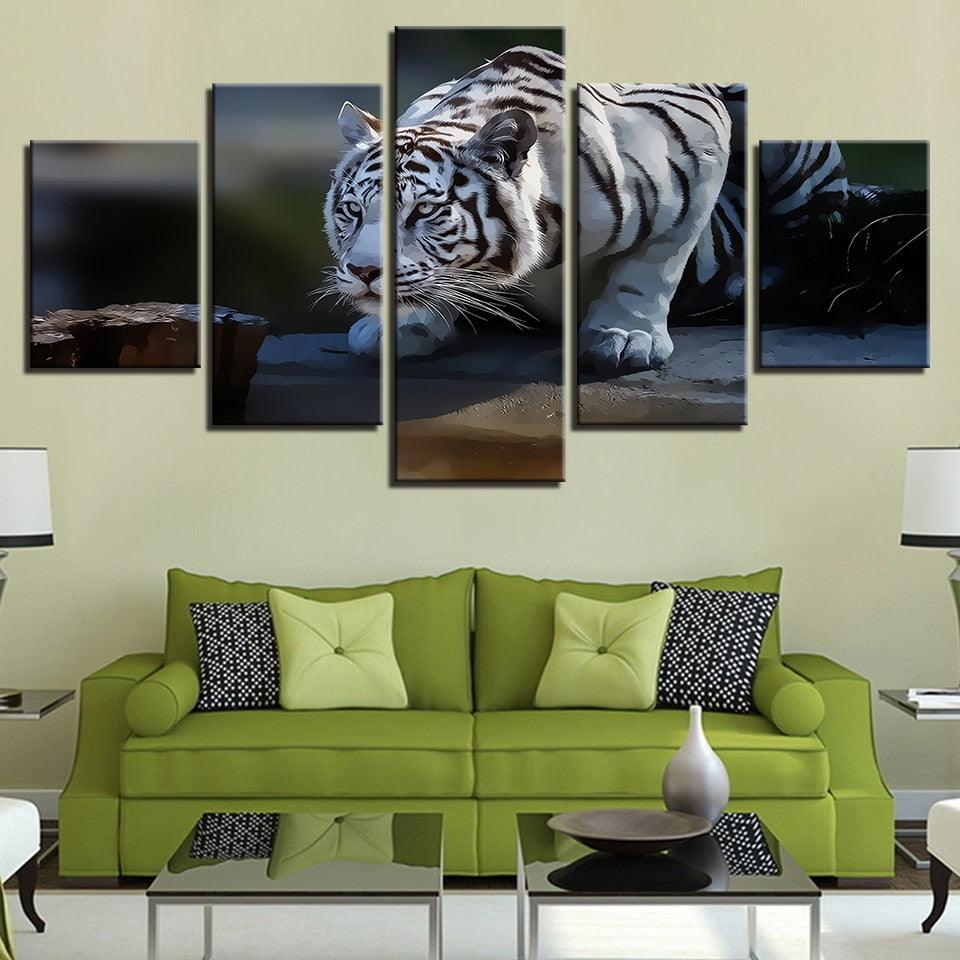 White Tiger 5 Piece HD Multi Panel Canvas Wall Art Frame - Original Frame