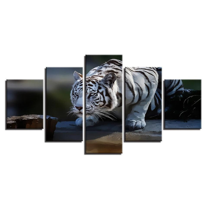 White Tiger 5 Piece HD Multi Panel Canvas Wall Art Frame - Original Frame