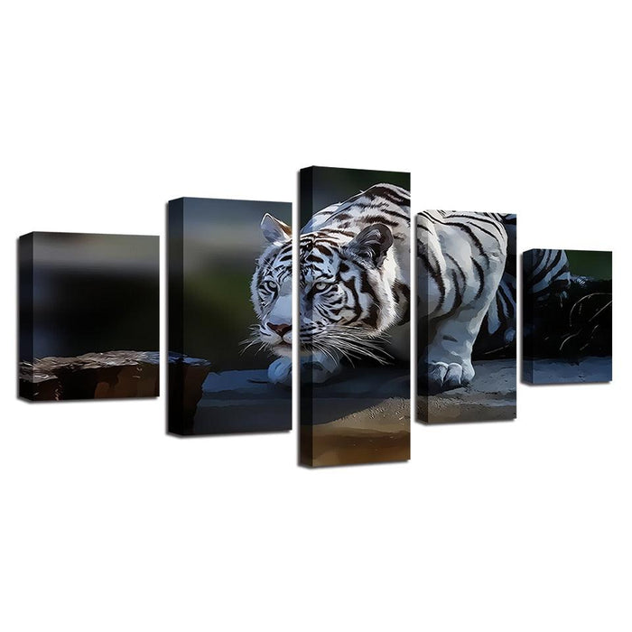 White Tiger 5 Piece HD Multi Panel Canvas Wall Art Frame - Original Frame