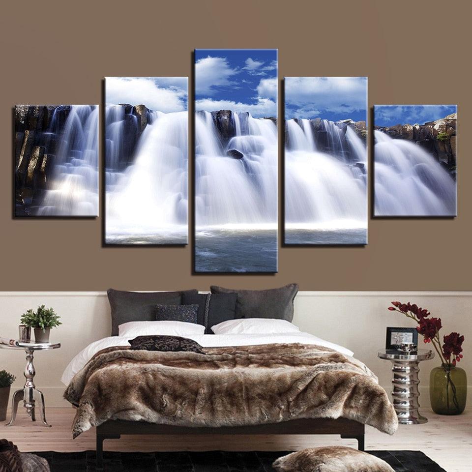 Mountain & Waterfalls 5 Piece HD Multi Panel Canvas Wall Art Frame - Original Frame