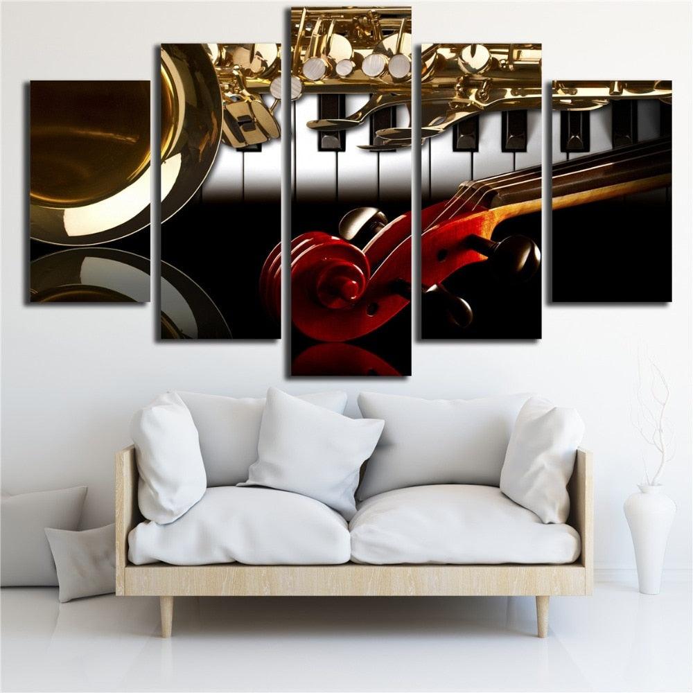 Musical Instruments 5 Piece HD Multi Panel Canvas Wall Art Frame - Original Frame