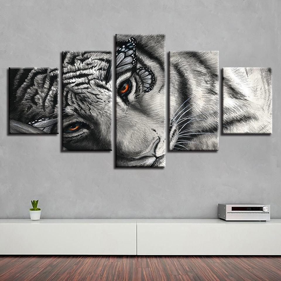White And Black Sleeping Tiger 5 Piece HD Multi Panel Canvas Wall Art Frame - Original Frame