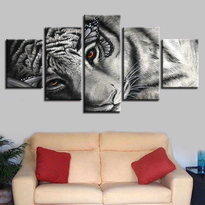 White And Black Sleeping Tiger 5 Piece HD Multi Panel Canvas Wall Art Frame - Original Frame