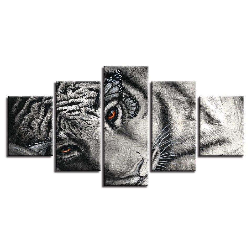 White And Black Sleeping Tiger 5 Piece HD Multi Panel Canvas Wall Art Frame - Original Frame