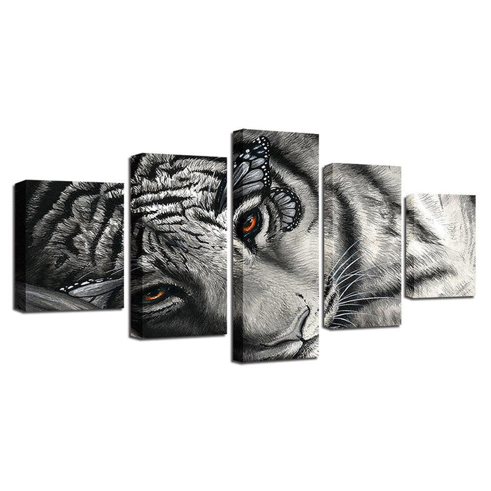 White And Black Sleeping Tiger 5 Piece HD Multi Panel Canvas Wall Art Frame - Original Frame