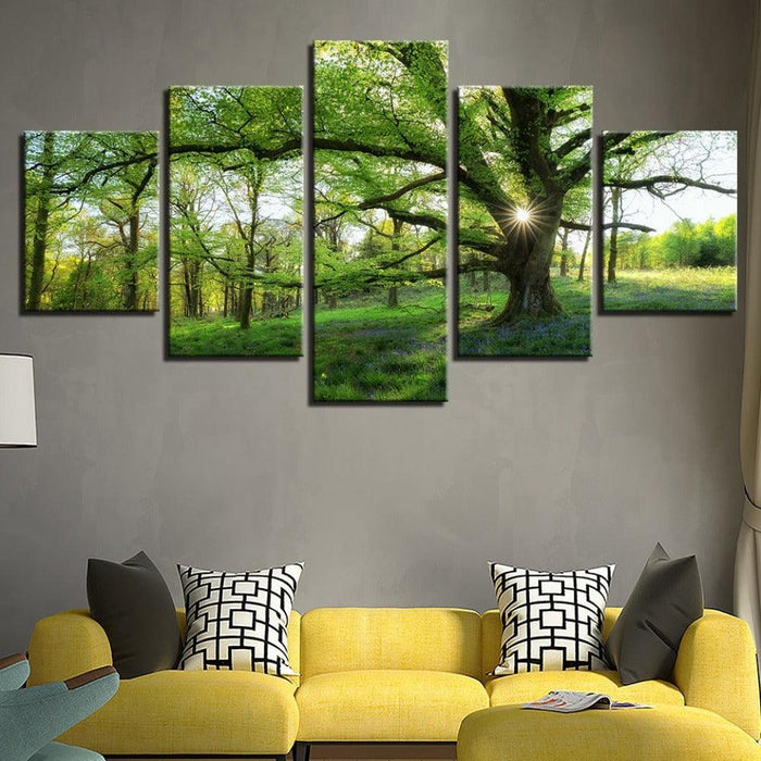 Green Trees Forest 5 Piece HD Multi Panel Canvas Wall Art Frame