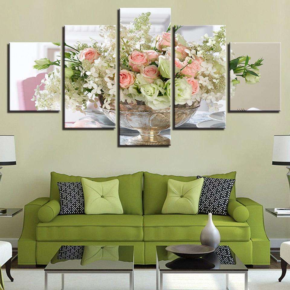 White Pink Flowers Bouquet 5 Piece HD Multi Panel Canvas Wall Art Frame - Original Frame