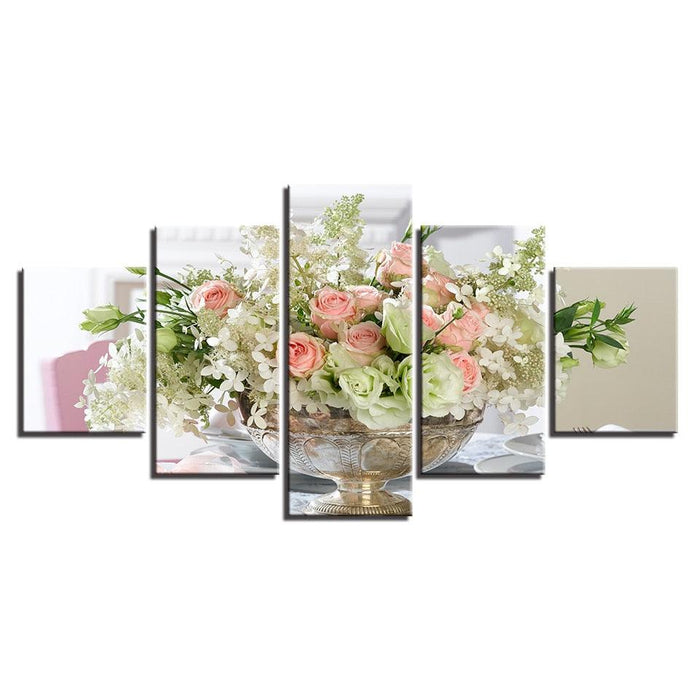 White Pink Flowers Bouquet 5 Piece HD Multi Panel Canvas Wall Art Frame