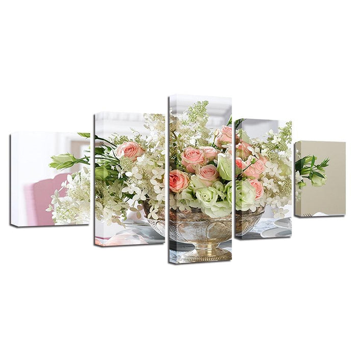 White Pink Flowers Bouquet 5 Piece HD Multi Panel Canvas Wall Art Frame - Original Frame