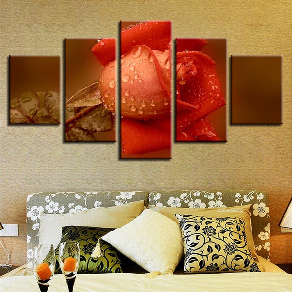 Orange Rose 5 Piece HD Multi Panel Canvas Wall Art Frame - Original Frame