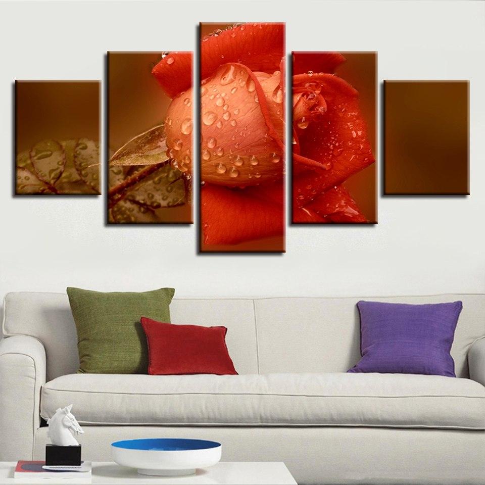 Orange Rose 5 Piece HD Multi Panel Canvas Wall Art Frame - Original Frame