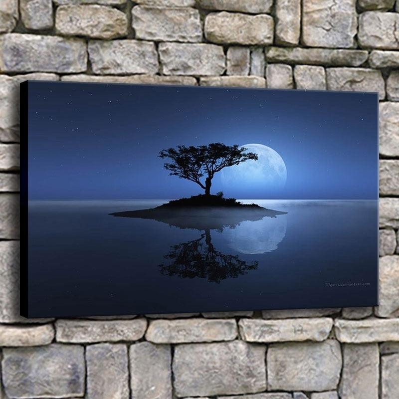 Lone Tree With Full Moon 1 Piece HD Multi Panel Canvas Wall Art Frame - Original Frame