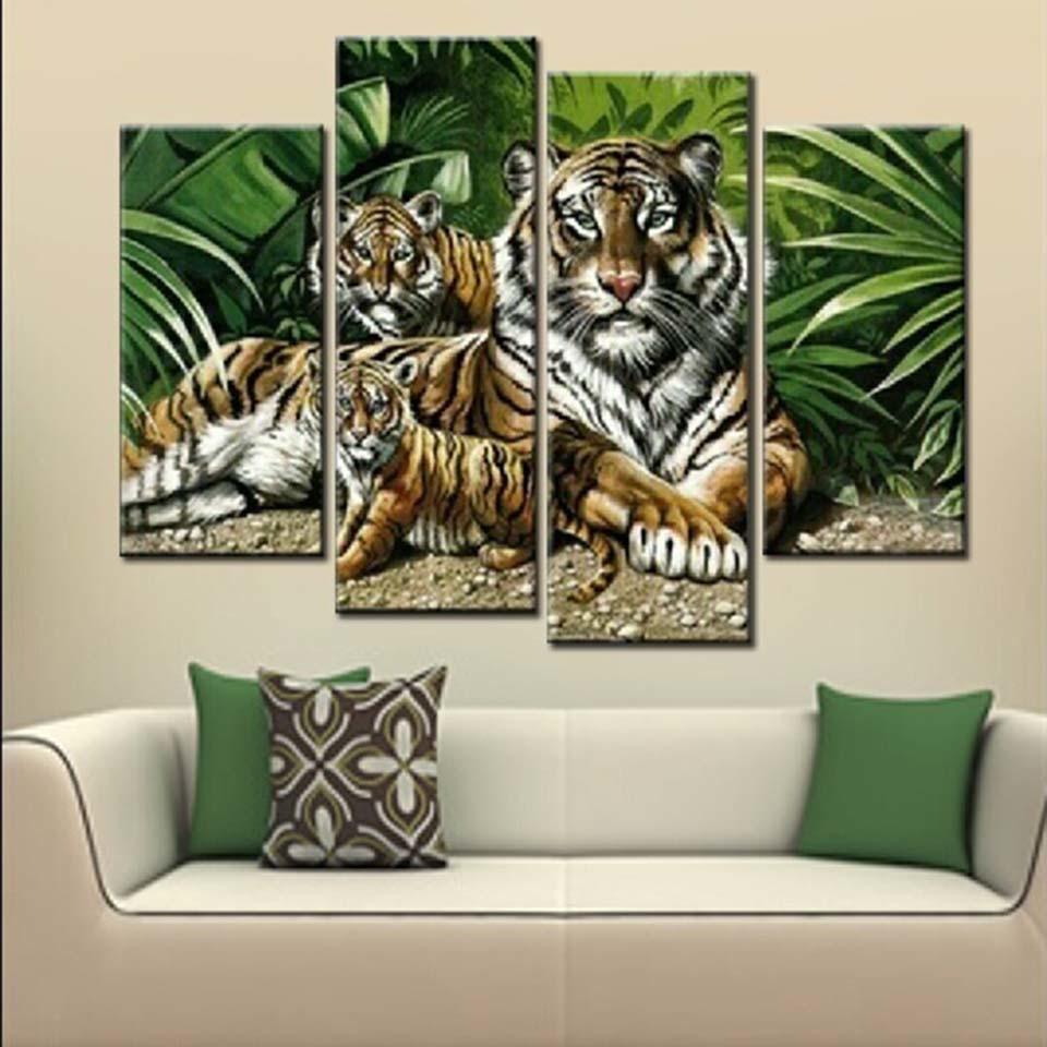 Tigers Family 4 Piece HD Multi Panel Canvas Wall Art Frame - Original Frame