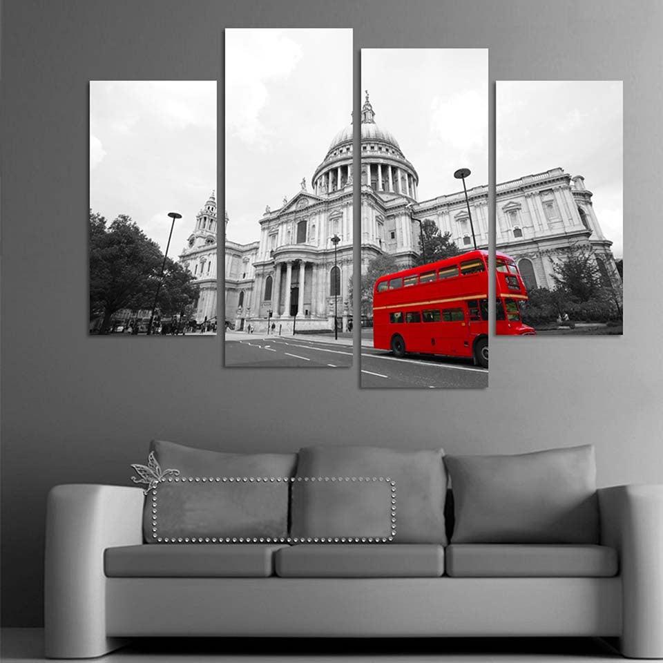 London Red Bus 4 Piece HD Multi Panel Canvas Wall Art Frame - Original Frame