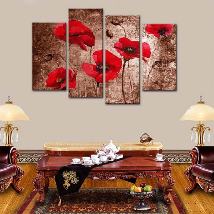 Poppy Flowers 4 Piece HD Multi Panel Canvas Wall Art Frame - Original Frame