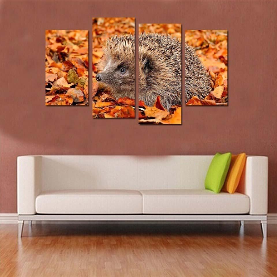 Hedgehog On The Fallen Leaves 4 Piece HD Multi Panel Canvas Wall Art Frame - Original Frame